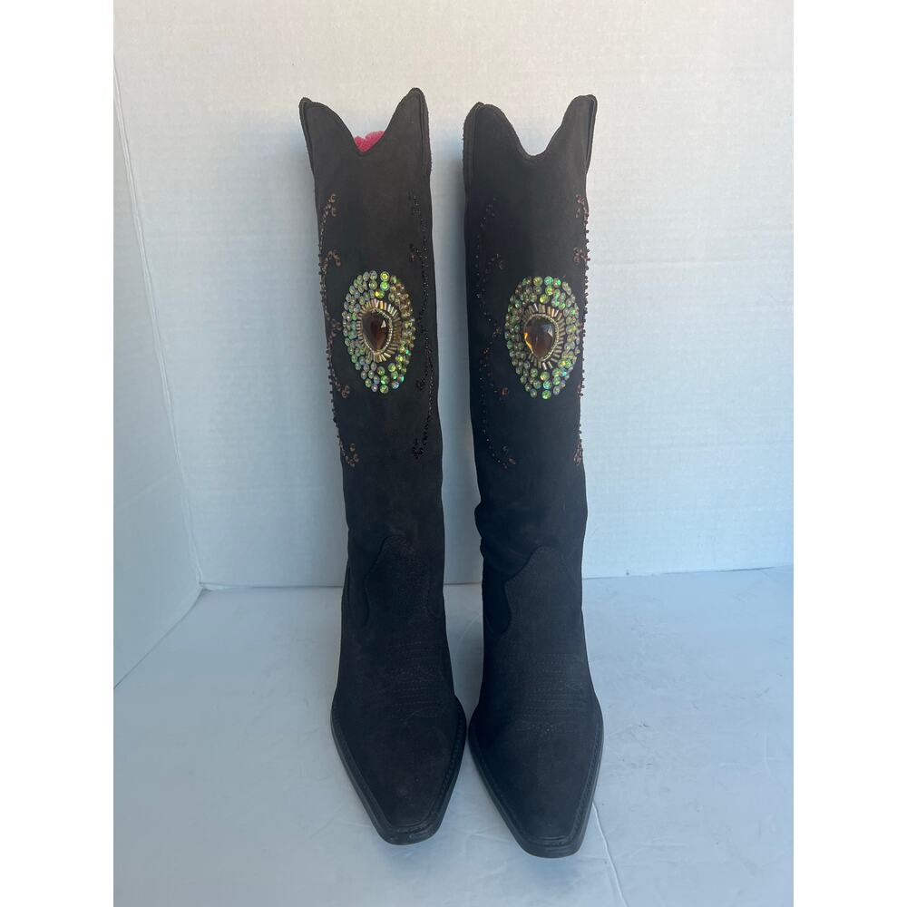 Colin Stuart Jeweled Sequin Western Brown Suede Knee High Pull On Boots Size 7 - Picture 3 of 14